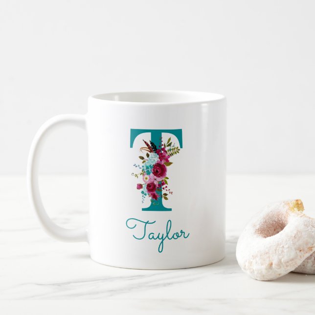 Brev T Teal Rosa Blommig Kaffemugg (Med munk)