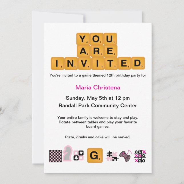 Brev Tiles Rosa, födelsedagsinbjudan Inbjudningar (Framsida)