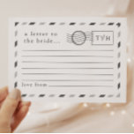 Brev till bruden rådkort<br><div class="desc">En vacker samling souvenirer till din bröllopsfest, denna enkla och minimalistiska flygpost-inspirerade design låter gästerna skriva hjärtliga meddelanden till dig inför din bröllopsdag! Med fullt anpassningsbar text i denna design kan du anpassa varje detalj på vykortet så att det passar dig, inklusive att ha parets initialer i det övre högra...</div>