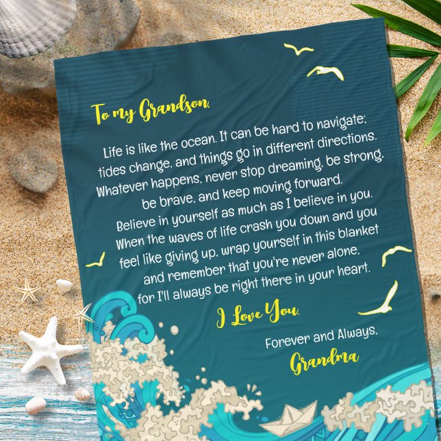 Brev till min son eller farson Nautiska havet Fleecefilt (Nautical Ocean Beach Theme Fleece Blanket Gift for Son or Grandson Paper Boat Sea and Birds in Blue )