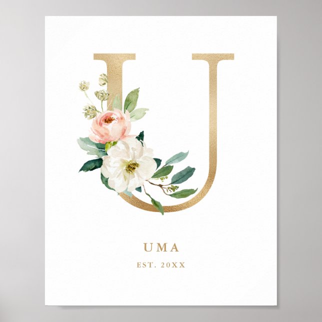 Brev U  Blommigt Monogram Guld Foil Nursery Poster (Framsidan)