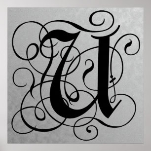 Brev U, Gothic Monogram Black Poster