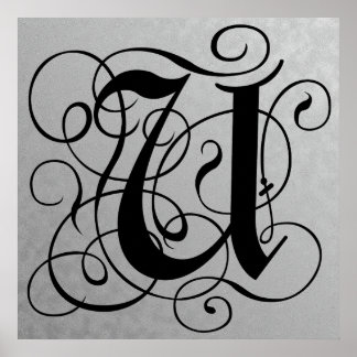 Brev U, Gothic Monogram Black Poster