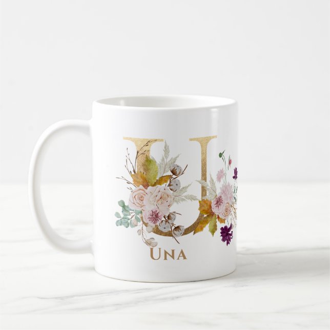 Brev U - Guld Blommigt Namn systervän till medarbe Kaffemugg (Vänster)