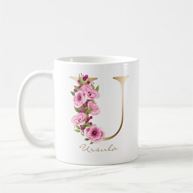 Brev U Guld Monogram Rosa Magenta Blommigt  Kaffemugg (Vänster)