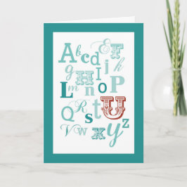 Brev U Initial Namn Alphabet Birthday Teal & Red Kort