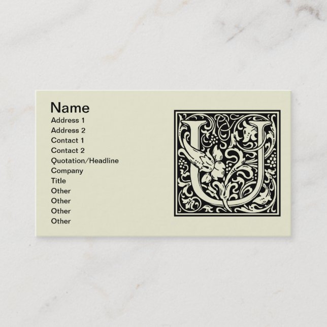 Brev U Medieval Monogram Art nouveau Visitkort (Framsida)