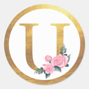 Brev U Monogram Rosa ros Blommigt och Elegant Guld Runt Klistermärke