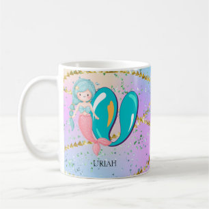 Brev U Monogram Watercolor Cute Sjöjungfru Nursery Kaffemugg