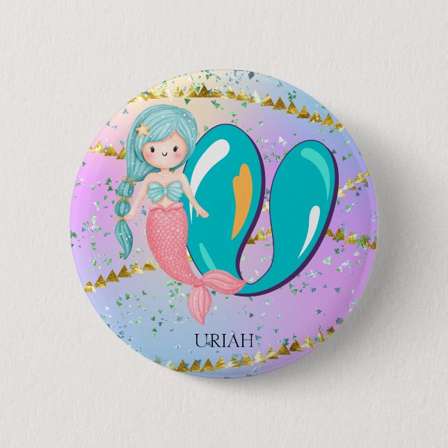 Brev U Monogram Watercolor Cute Sjöjungfru Nursery Knapp (Framsida)