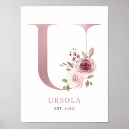 Brev U Monogram Watercolor Ro Blommigt Nursery Poster
