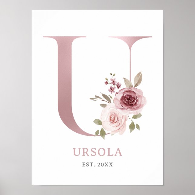 Brev U Monogram Watercolor Ro Blommigt Nursery Poster (Framsidan)