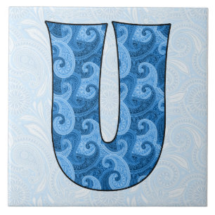 Brev U - Monogrammed Blue Paisley 6 tum Tile Kakelplatta
