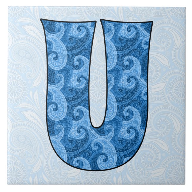 Brev U - Monogrammed Blue Paisley 6 tum Tile Kakelplatta (Framsidan)