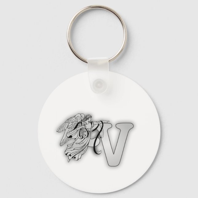 Brev V Angel Monogram Initial Nyckelring (Framsida)