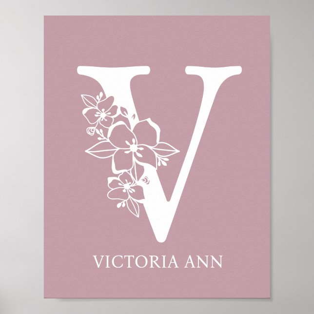 Brev V Blommigt Monogram Namn Nursery Modern Poster (Framsidan)