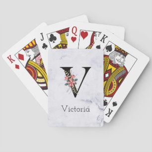 Brev ’V’ Blommigt Monogram White Marble Casinokort