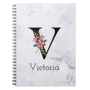 Brev ’V’ Boho Blommigt Monogram White Marble Anteckningsbok