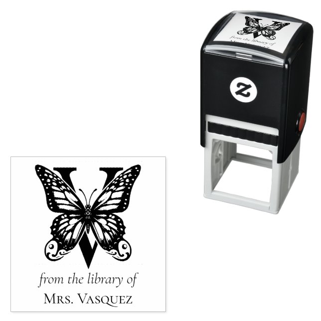 Brev V Butterfly Monogram från Bibliotek Självfärgande Stämpel (In Situ)