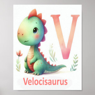 Brev V, Dinosaur Alphabet Watercolor Poster