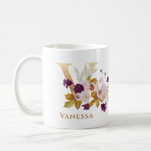 Brev V - Guld Blommigt Namn-systervän med medarbet Kaffemugg