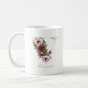 Brev V Guld Monogram Marsala White-Blommigtarna Kaffemugg