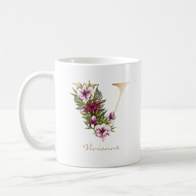 Brev V Guld Monogram Marsala White-Blommigtarna Kaffemugg (Vänster)