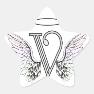 Brev V Initial Monogram med Angel Vingar & Halo Stjärnformat Klistermärke