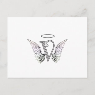 Brev V Initial Monogram med Angel Vinge & Halo Vykort