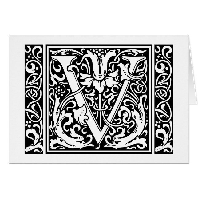 Brev V Medieval Monogram Art nouveau Hälsningskort (Framsidan Horizontal)