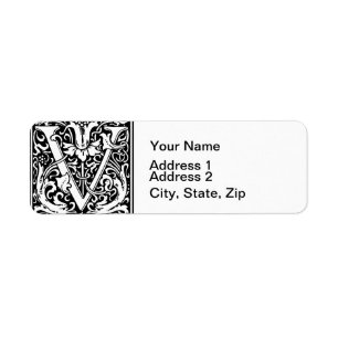 Brev V Medieval Monogram Art nouveau Returadress Etikett