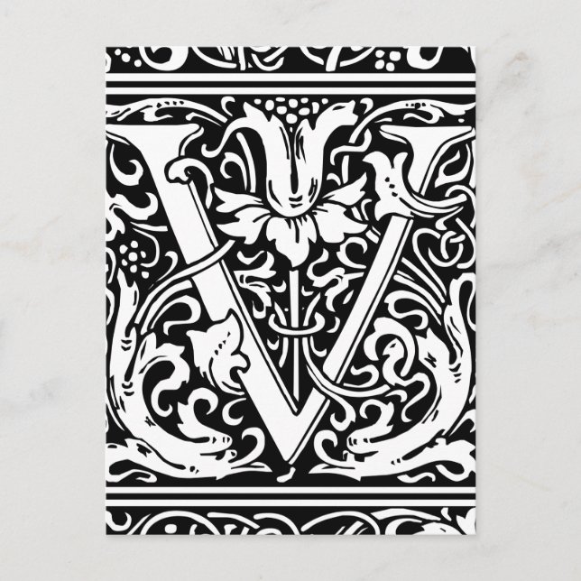 Brev V Medieval Monogram Art nouveau Vykort (Framsida)