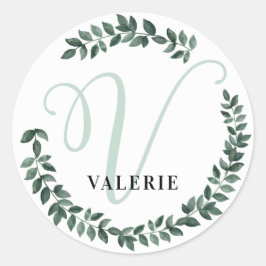 Brev V Monogram Anpassat Namn Minimalistisk Botani Runt Klistermärke