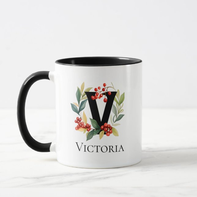 Brev V Monogram Initial jul - berryskran Mugg (Vänster)