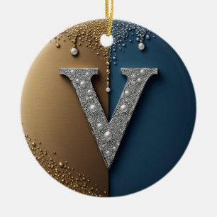 Brev V monogram med diamanter pärlor Julgransprydnad Keramik