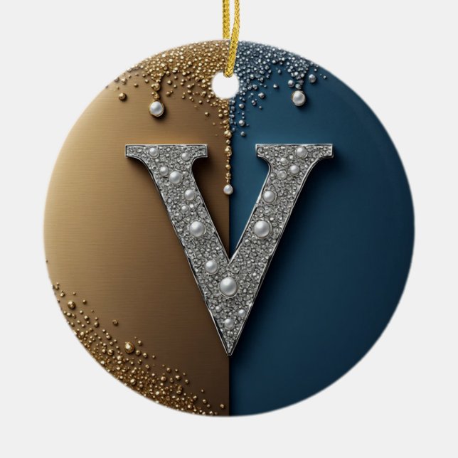Brev V monogram med diamanter pärlor Julgransprydnad Keramik (Framsidan)