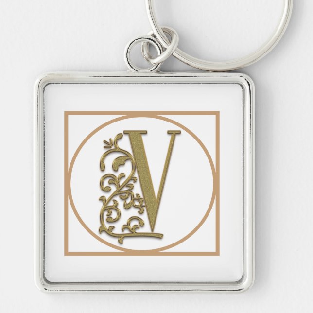 BREV V MONOGRAM Vackert Bröllop New Home Gift Fyrkantig Silverfärgad Nyckelring (Framsidan)