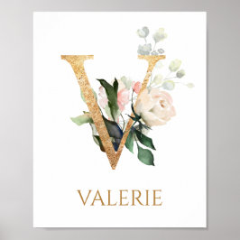 Brev V Monogram vit kräm ro Nursery Poster