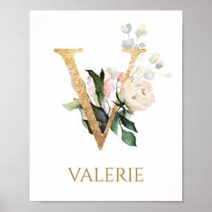 Brev V Monogram vit kräm ro Nursery Poster