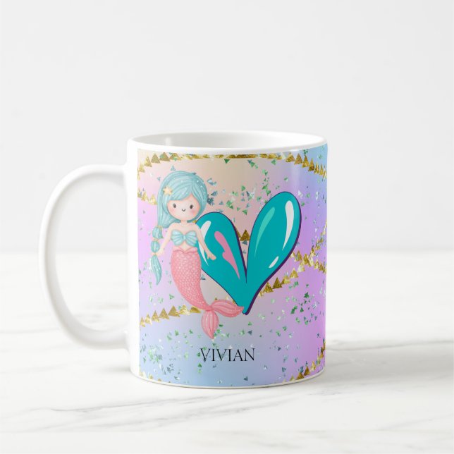 Brev V Monogram Watercolor Cute Sjöjungfru Nursery Kaffemugg (Vänster)