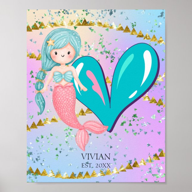 Brev V Monogram Watercolor Cute Sjöjungfru Nursery Poster (Framsidan)