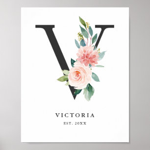 Brev V Monogram Watercolor Peach Blommigts Nursery Poster