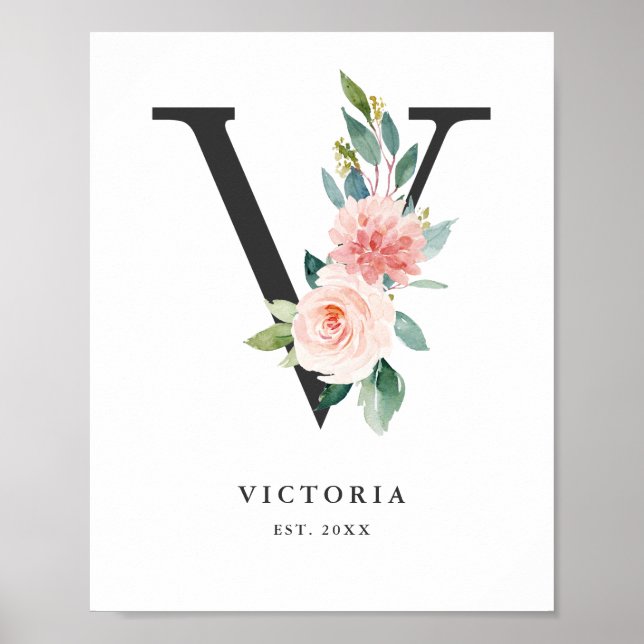 Brev V Monogram Watercolor Peach Blommigts Nursery Poster (Framsidan)