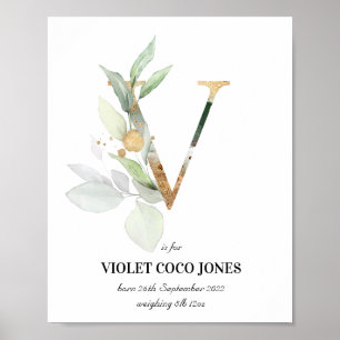 Brev V Nyfödd bebis Monogram Birth Print Greenery Poster