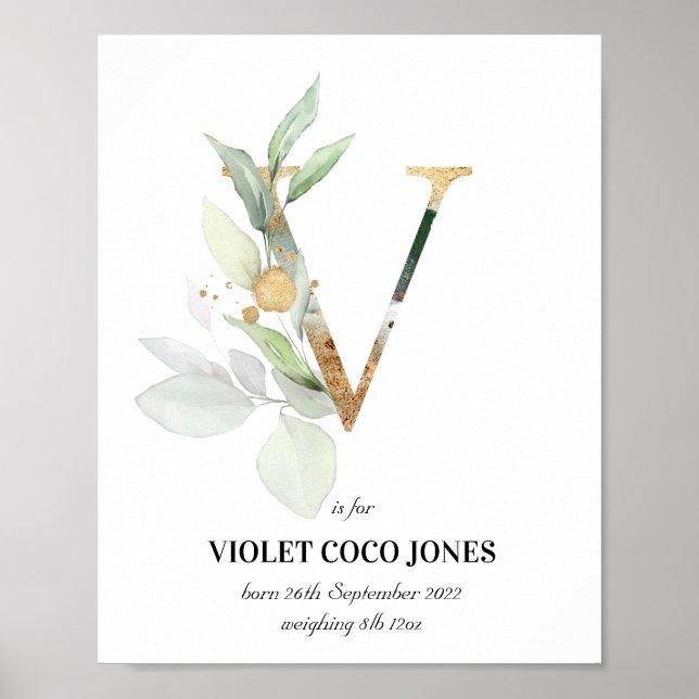 Brev V Nyfödd bebis Monogram Birth Print Greenery Poster (Framsidan)