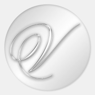 Brev V-skript, inledande faux silver monogram Runt Klistermärke