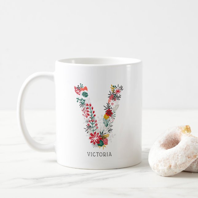 BREV V | Whimsique Blommigt Brev Monogram I Mugg (Med munk)