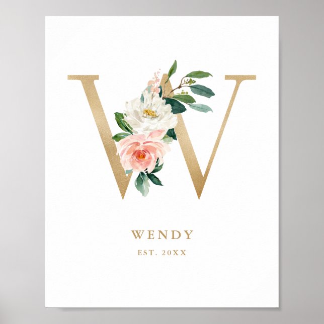 Brev W  Blommigt Monogram Guld Foil Nursery Poster (Framsidan)