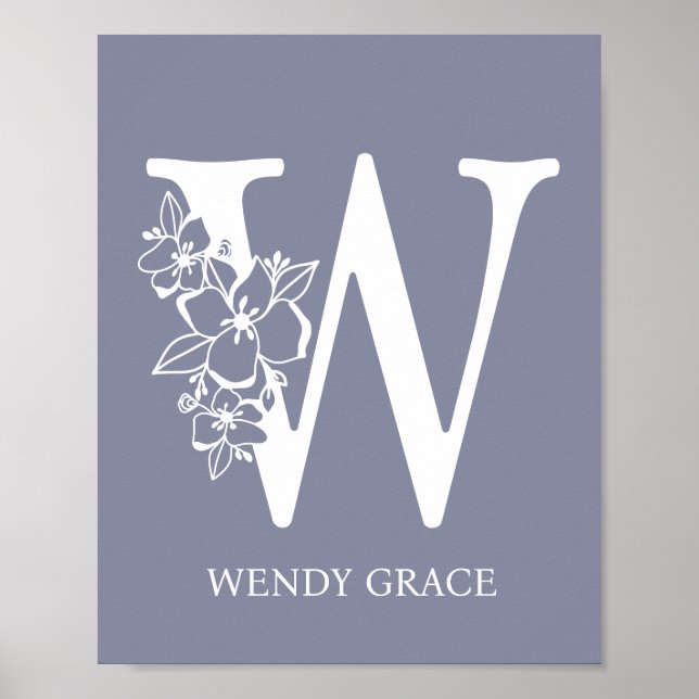 Brev W Blommigt Monogram Namn Nursery Modern Poster (Framsidan)