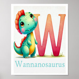 Brev W, Dinosaur Alphabet Watercolor Poster